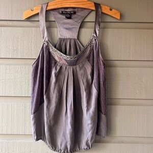 Elegant Central Park West Beaded Silk and Velvet Gray T-Strap Tank
